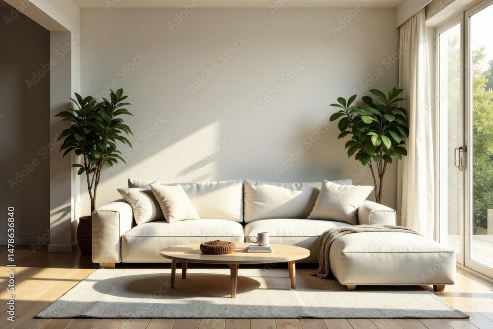 Serene Living Room Interior Design with Natural Light and Neutral Tones Featuring a Sectional Sofa and Lush Greenery Serene Living Room Interior Design with Natural Light and Neutral Tones Featuring a Sectional Sofa and Lush Greenery