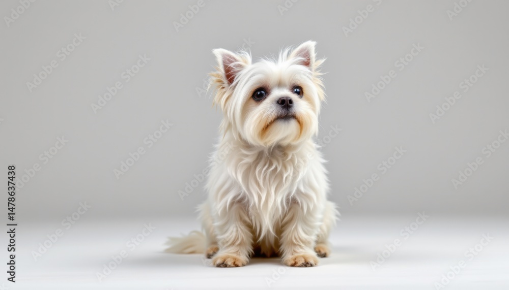 Playful small white dog sitting on studio floor pet photography minimalist background close-up view Playful small white dog sitting on studio floor pet photography minimalist background close-up view