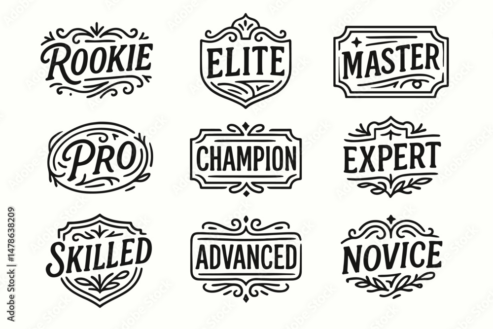 Obraz premium Hand drawn skill level badges set. Rookie, novice, pro, expert, master, champion vector labels collection