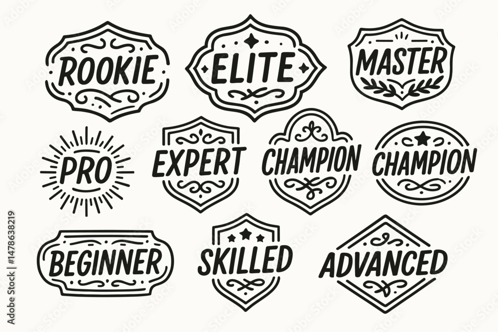 Hand drawn skill level badges set. Rookie, novice, pro, expert, master, champion vector labels collection