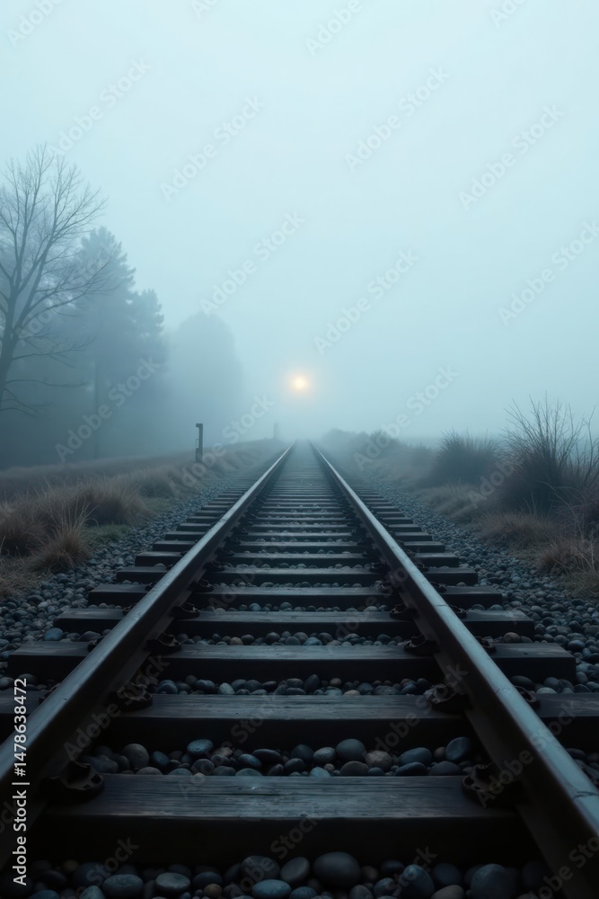 Fototapeta premium A misty morning view of a railway track extending into the distance, the faint glow of a distant light barely visible through the fog.