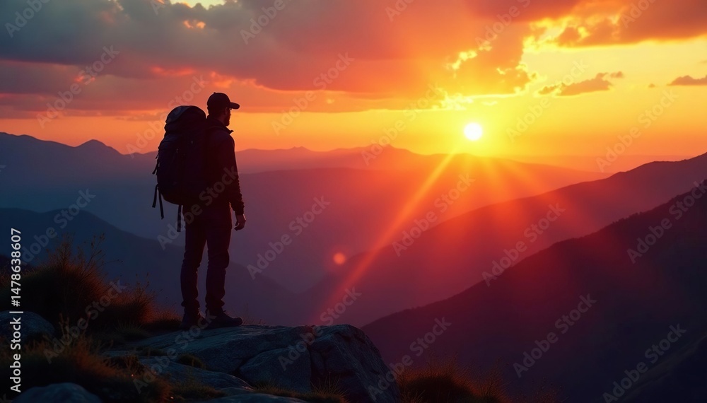 Silhouette of backpack at sunset, overlooking vast mountain range Epic journey, exploration, freedom , scenic, silhouette Silhouette of backpack at sunset, overlooking vast mountain range Epic journey, exploration, freedom , scenic, silhouette