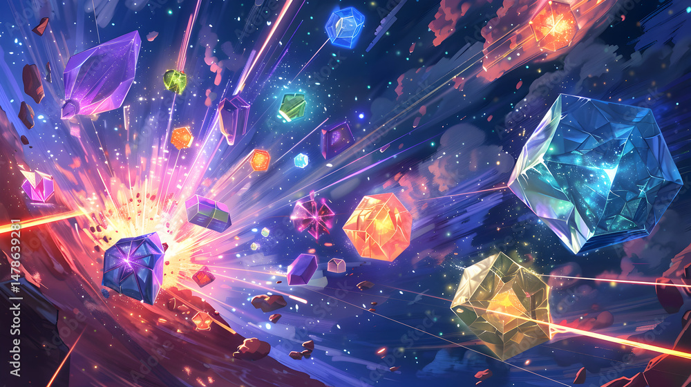 Fototapeta premium Colorful crystals float in space with light streaks and a central explosion of light and color