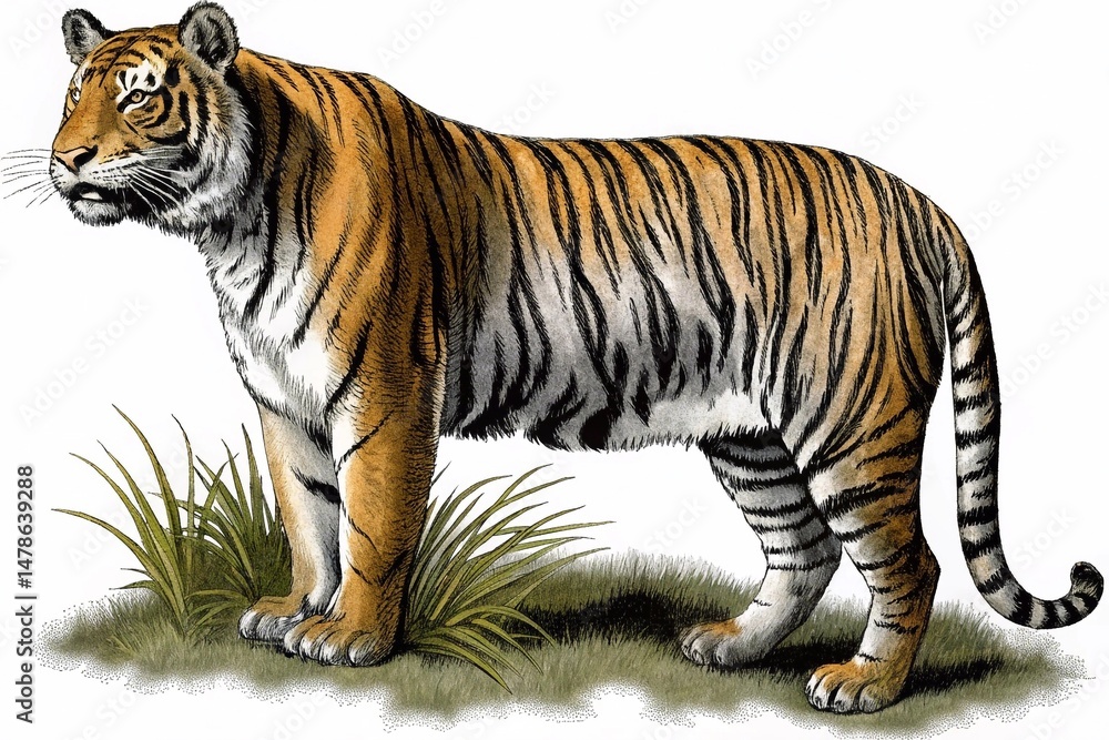 Obraz premium Majestic Tiger Standing on Grassy Landscape in Daylight – Vibrant Orange Fur and Black Stripes