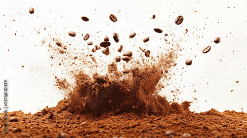 close-up of coco powder and bark coffee beans flying on isolated background.ai 