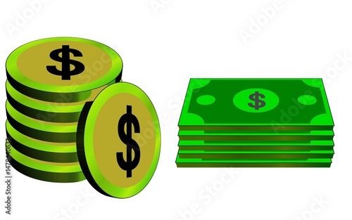 Coins and banknotes are arranged side by side against a white background