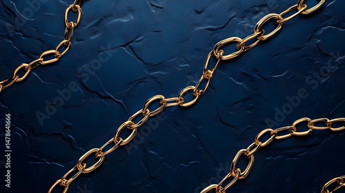 Gold chains arranged diagonally on a textured dark blue surface.