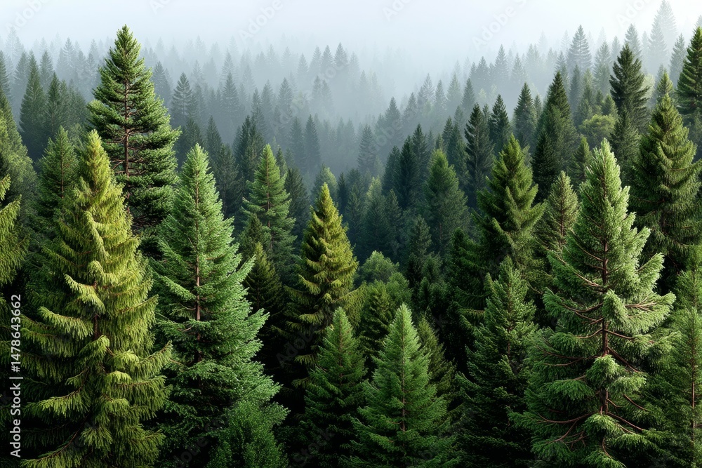 Fototapeta premium Lush evergreen forest with misty layers of fir trees in serene landscape