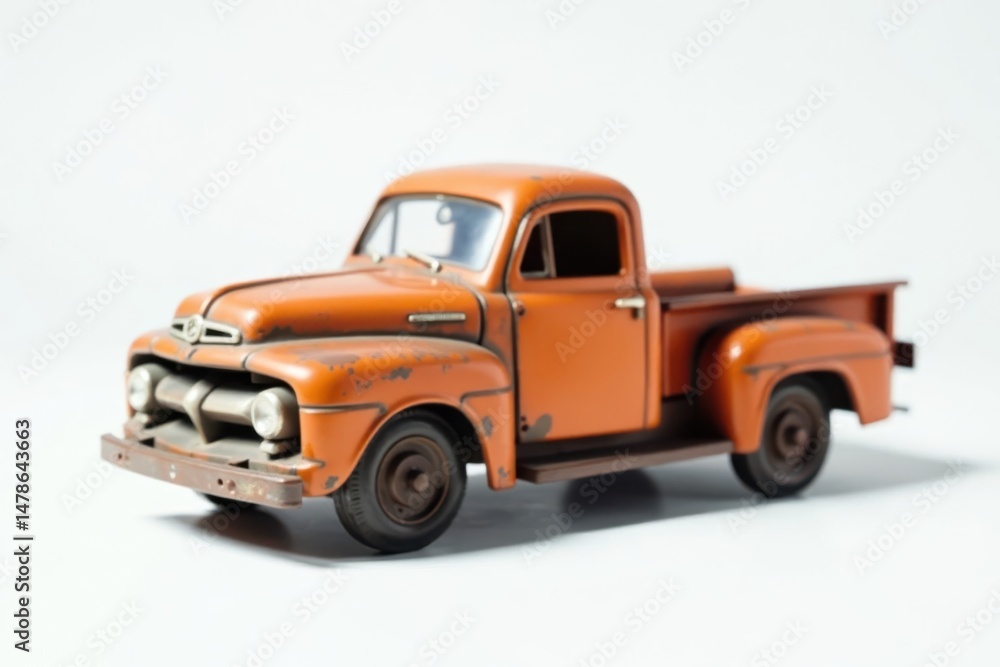 Fototapeta premium A Classic Orange Pickup Truck Model with Weathered Details, Displayed on a Plain White Background