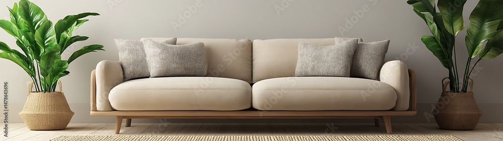 Beige couch with plants in a room Beige couch with plants in a room