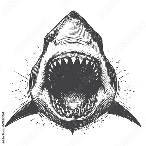 Hand-Drawn Shark Angry Open Mouth Vector – Sketch Style Ocean Predator Illustration for T-Shirts, Stickers, and Posters