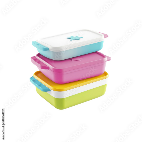 Stack of Three Colorful Plastic Food Containers with Lids
