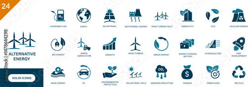 Alternative energy icon. Containing geothermal energy, EV, hydrogen fuel, renewable energy, sustainable development, green goals. Solid vector icons set.