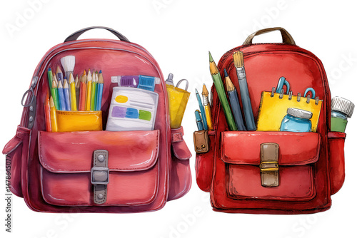 Red School Backpack Filled With Colorful School Supplies On A Transparent Background