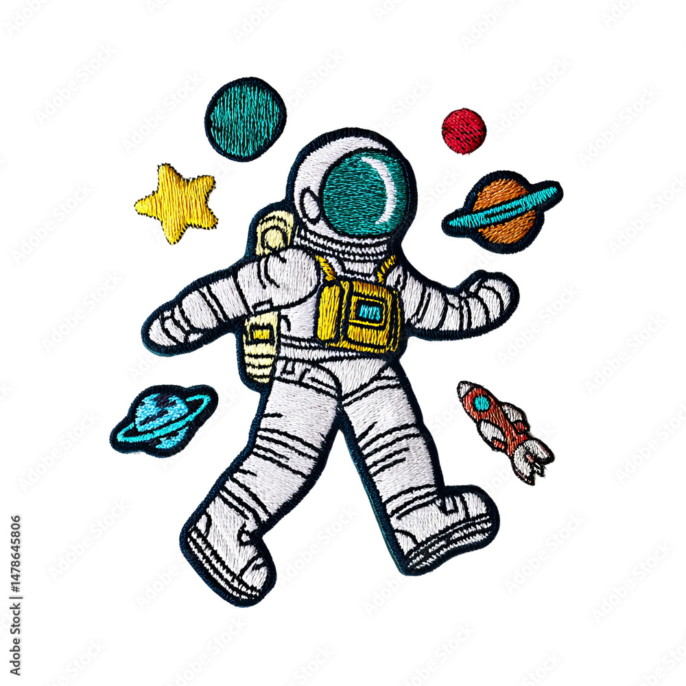 Fototapeta premium A colorful astronaut patch surrounded by planets and a rocket. It is a fun and vibrant illustration. The patch is perfect for adding a unique touch to jackets, bags, or other accessories.