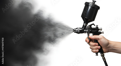 A hand grips a black, cone-shaped spray gun, blasting out a stream of thick, black paint or coating onto a white background