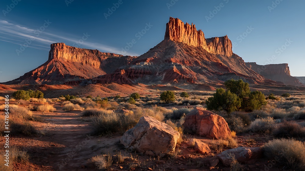Naklejka premium Red rock formations in golden sunlight