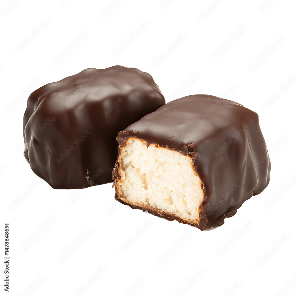 Two chocolate-covered marshmallow treats, one bitten into, ready to be enjoyed. A close-up shot reveals the creamy interior Two chocolate-covered marshmallow treats, one bitten into, ready to be enjoyed. A close-up shot reveals the creamy interior