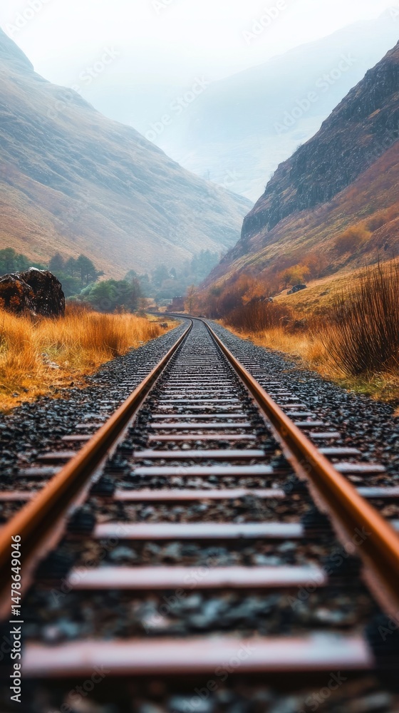 Fototapeta premium Railway tracks leading into a valley, with mountains and a cloudy sky in the background