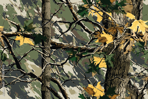 Seamless hunting camouflage pattern with tree bark and leaves in green and brown. Hunting camo. Digital camouflage pattern. Abstract camouflage