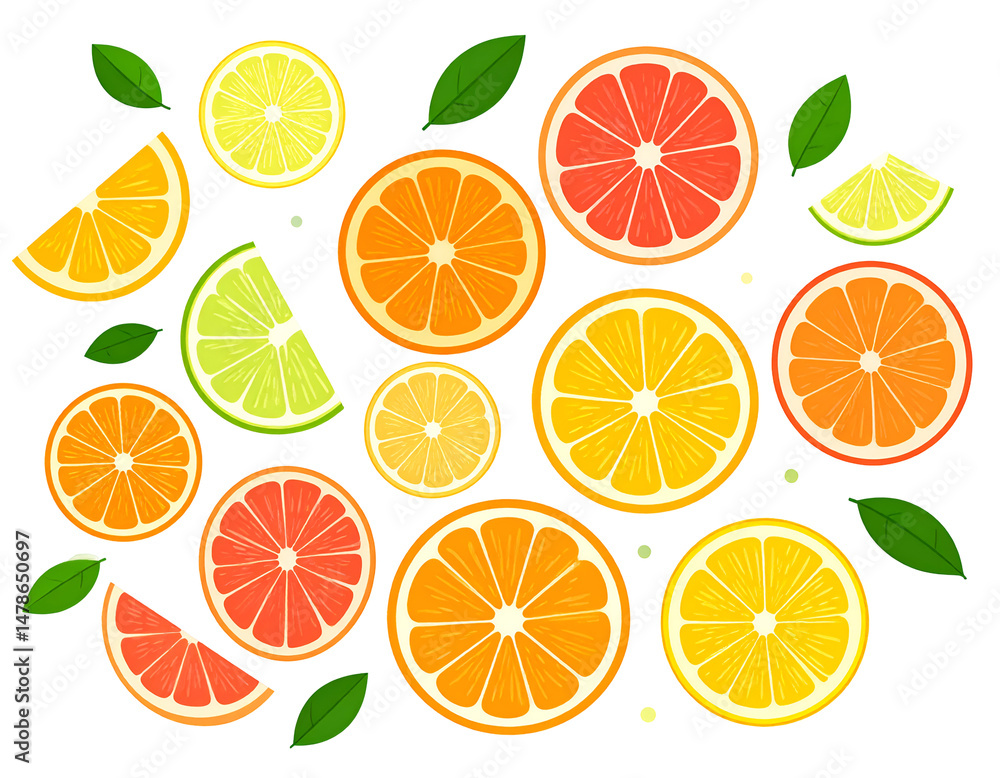 Fototapeta premium Vibrant citrus slices arranged in a pattern, adorned with leaves