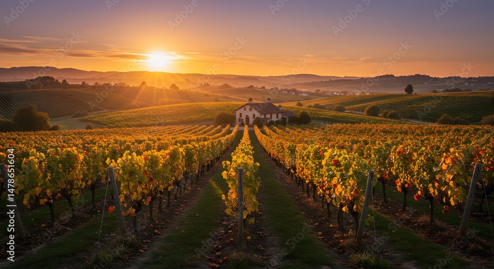 Fototapeta premium Vineyard Rows at Sunrise Golden Light on Grapevines