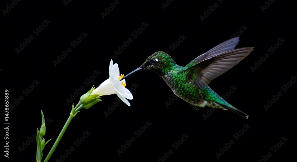 Fototapeta premium Hummingbird Feeding on White Flower in Flight on Black Background