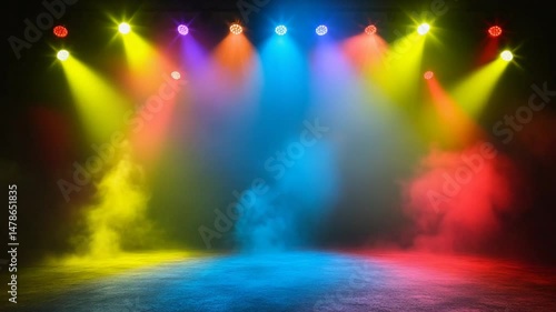 Colorful stage lights illuminating a performance area with vibrant smoke effects