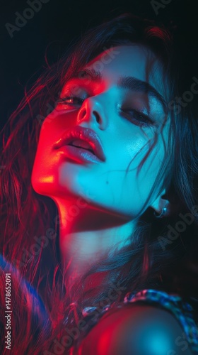 Close up portrait of a woman with colorful neon lighting on her face.