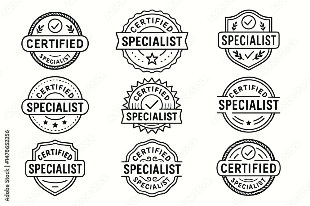 Obraz premium Certified specialist badge set. Hand drawn professional quality vector labels collection