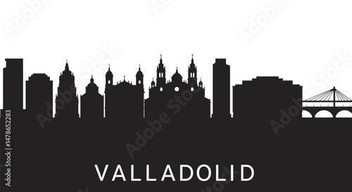 Valladolid Spain with skyline, vector, black, and silhouette.