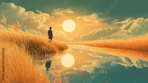 An ethereal reflection: exploring the vivid realms of imagination through color and light. mirror realm explorers. illustration. [Mirrored Realms] | Glass Meadow | reflective plain. Illustration