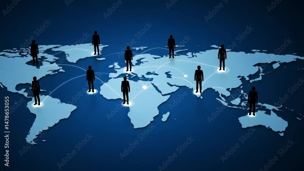 People silhouettes standing on a world map connected by glowing lines representing a global network