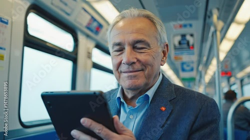 Older man using a tablet on public transportation, wearing a suit and smiling while reading.
