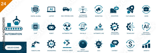Automation icon. Containing robot, automated farming, finance, optimization, automatic line. Solid vector icons set.