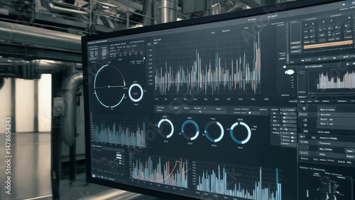 A monitor displays industrial data surrounded by complex pipeline system in a factory