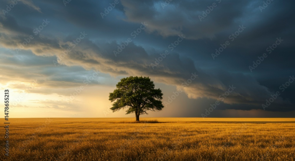 Lonely tree in a golden field under a dramatic sky Lonely tree in a golden field under a dramatic sky