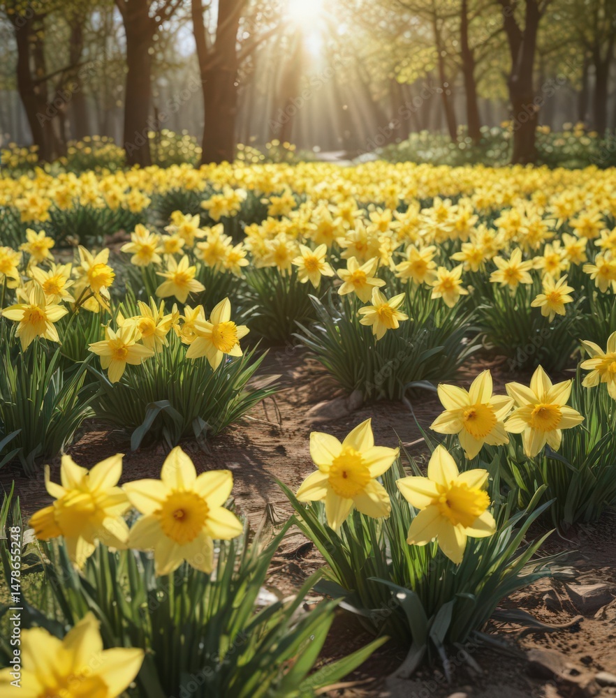 Obraz premium Abundant daffodils bathed in sunlight, cheerful springtime scene, background, botany