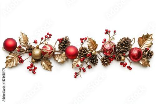 Christmas decorations with red and gold ornaments, pine cones and berries on white background, perfect for seasonal festive design.