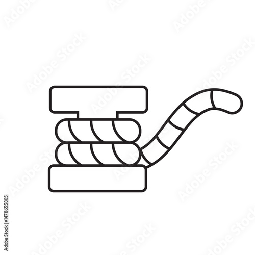 Black line Marine bollard with rope tied on pier icon isolated on white background.  Vector