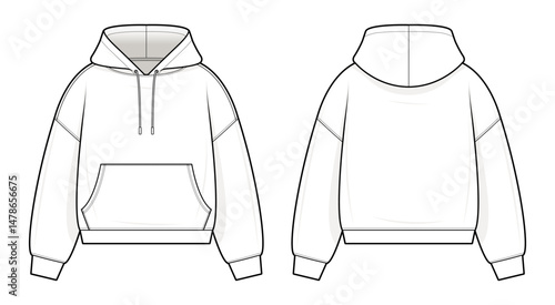 Pullover Hoodie Technical Fashion Illustration. Long Sleeve Hoodie Vector Template. Front and Back View. Kangaroo Pocket. Ribbed Hem and Cuffs. Women’s Casualwear. CAD Mockup Set.
