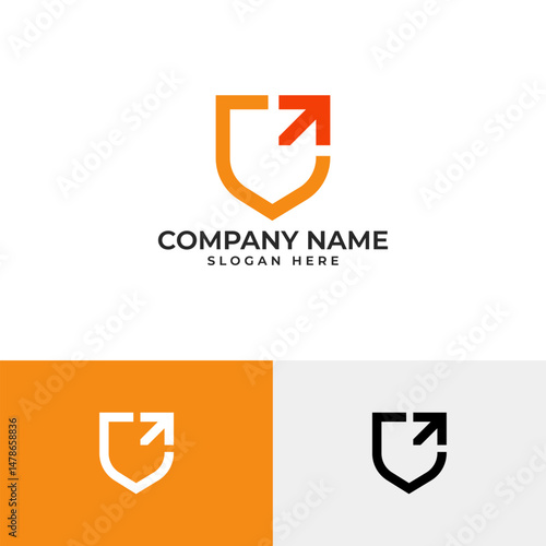 An orange shield logo incorporates an arrow pointing upwards and right, symbolizing protection combined with progress.