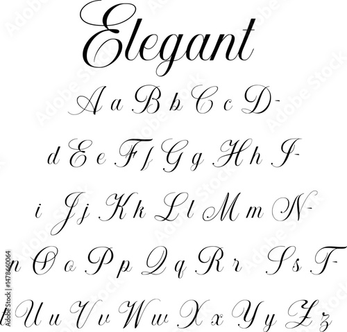 Elegant script lettering set with uppercase and lowercase alphabet and the word "Elegant" displayed in flowing calligraphic style for decorative use.