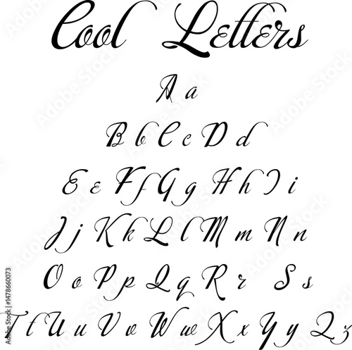 Modern cursive script alphabet titled "Cool Letters" featuring uppercase and lowercase A to Z in elegant handwriting style for decorative or learning use.
