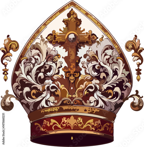 Baroque Ornate Papal Mitre Vector with Gold Embellished Cross and Filigree Design – Luxurious Catholic Bishop Hat Illustration