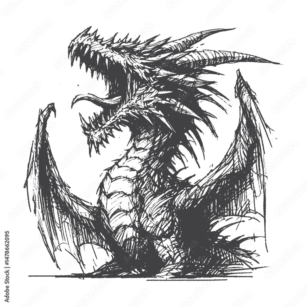 Obraz premium Hand-Drawn Dragon Breathing Fire Vector – Sketch Style Mythical Creature Illustration for T-Shirts, Stickers, and Posters.