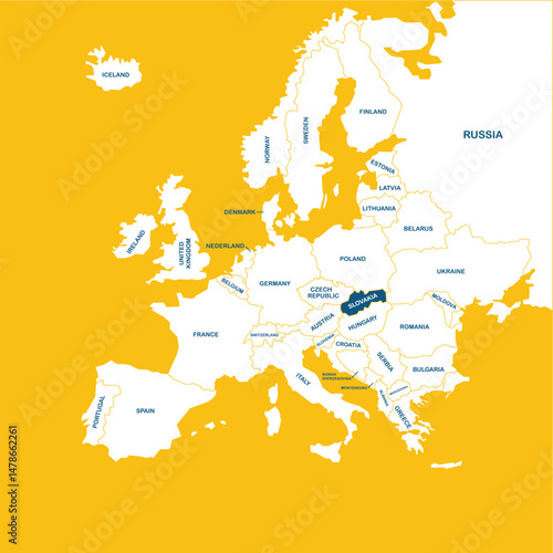 Slovakia vector map, Europe, vector map silhouette illustration isolated on Europe map. Editable blank vector map of Europe. 
