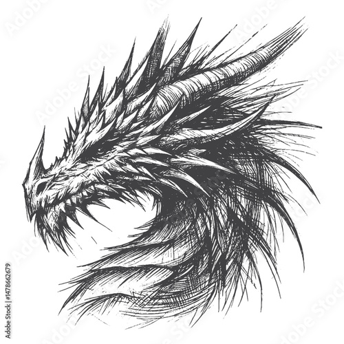 Hand-Drawn Dragon Head Side View Vector – Sketch Style Mythical Creature Illustration for T-Shirts, Stickers, and Posters.