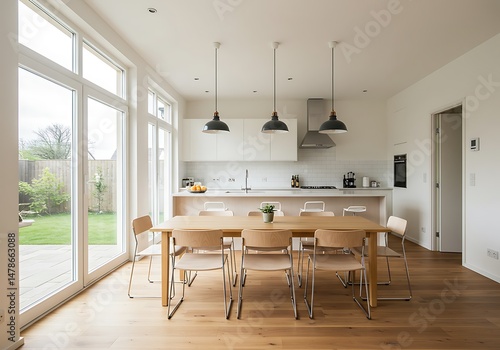 Wallpaper Mural Modern kitchen and dining area with table chairs and pendant lights, bright interior Torontodigital.ca