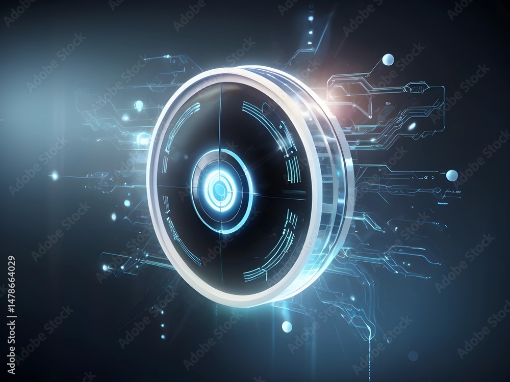 Fototapeta premium Futuristic Cybersecurity Interface with Glowing Circular Tech Element on Dark Background